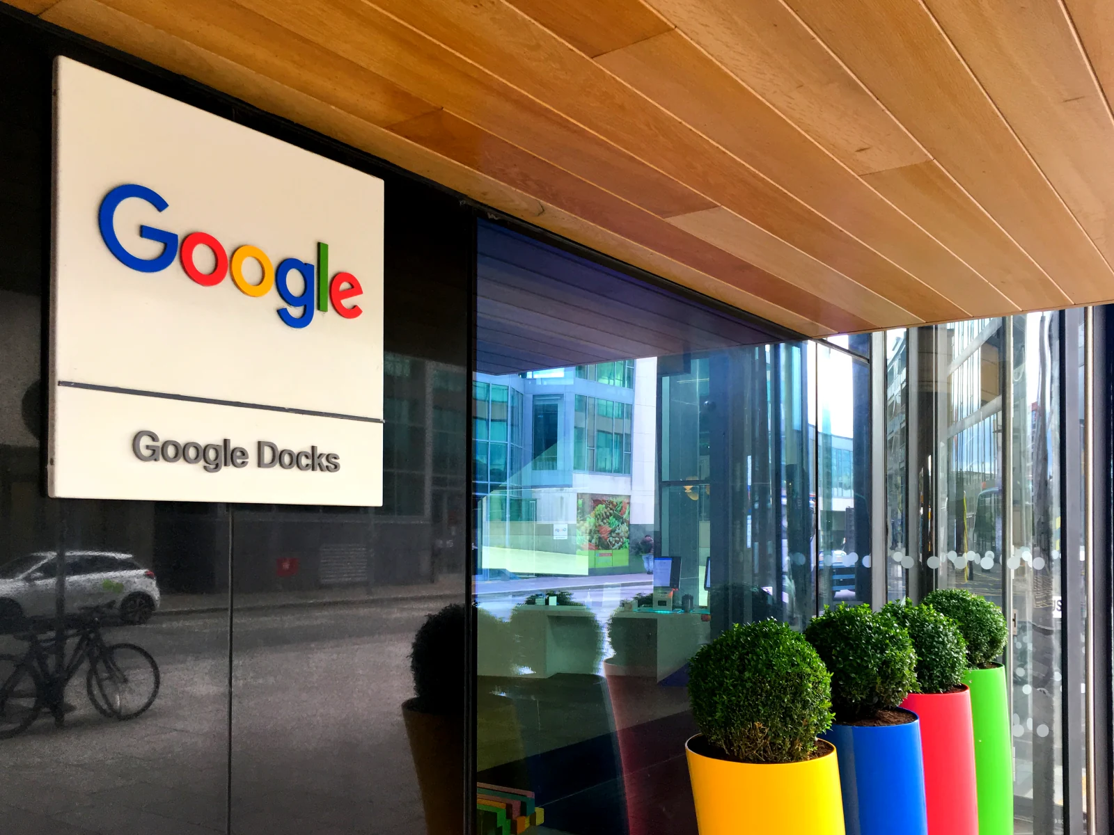 Google sign and colorful planters outside the company’s Dublin entrance